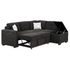 Divano letto estraibile, divano ad angolo a L con borchie, divano lounge con pouf contenitore, porte USB e portabicchieri nero