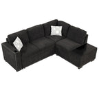 Divano letto estraibile, divano ad angolo a L con borchie, divano lounge con pouf contenitore, porte USB e portabicchieri nero