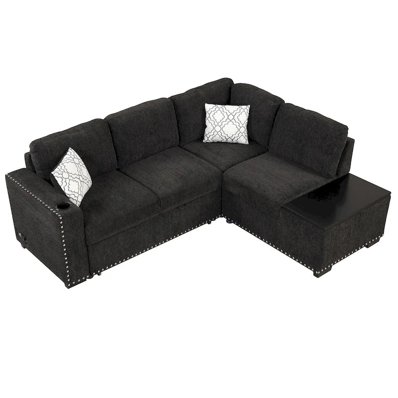 Divano letto estraibile, divano ad angolo a L con borchie, divano lounge con pouf contenitore, porte USB e portabicchieri nero