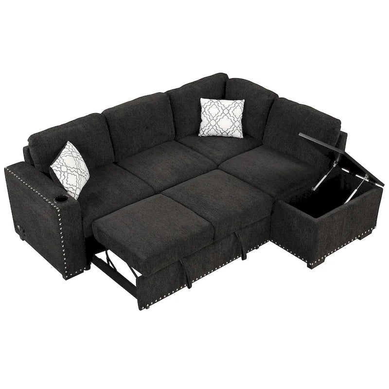 Divano letto estraibile, divano ad angolo a L con borchie, divano lounge con pouf contenitore, porte USB e portabicchieri nero