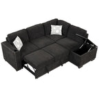 Divano letto estraibile, divano ad angolo a L con borchie, divano lounge con pouf contenitore, porte USB e portabicchieri nero