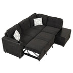 Divano letto estraibile, divano ad angolo a L con borchie, divano lounge con pouf contenitore, porte USB e portabicchieri nero