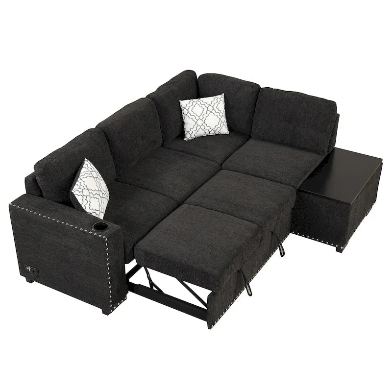 Divano letto estraibile, divano ad angolo a L con borchie, divano lounge con pouf contenitore, porte USB e portabicchieri nero
