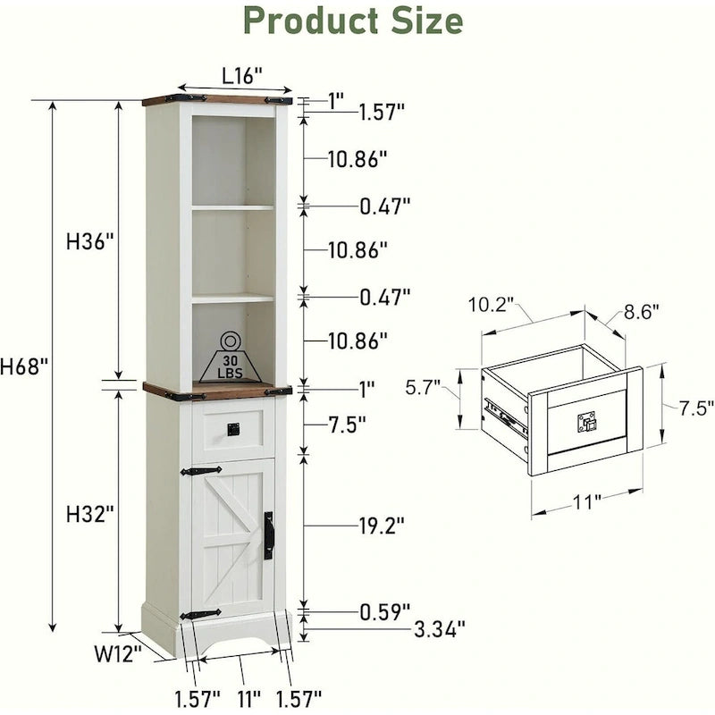 Meuble de rangement étroit de salle de bain de style ferme, Meuble de rangement de 68 po de hauteur