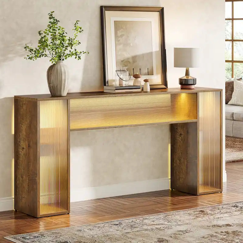Tavolo consolle da divano da 160 cm in stile rustico con luci a LED per l'ingresso - 160 L x 30 P x 84 A cm