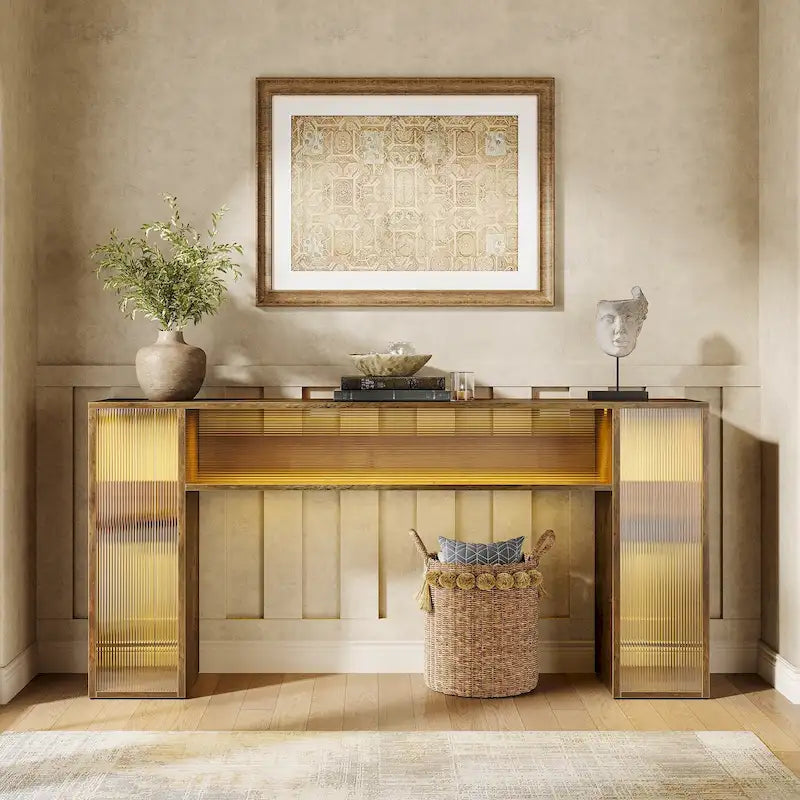 Tavolo consolle da divano da 160 cm in stile rustico con luci a LED per l'ingresso - 160 L x 30 P x 84 A cm