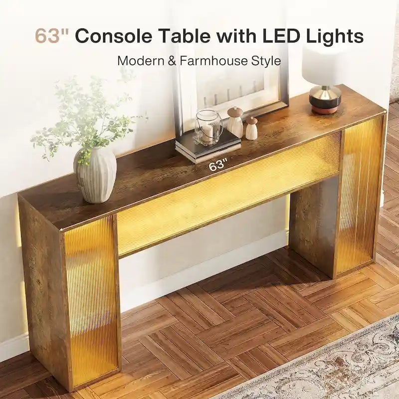 Tavolo consolle da divano da 160 cm in stile rustico con luci a LED per l'ingresso - 160 L x 30 P x 84 A cm
