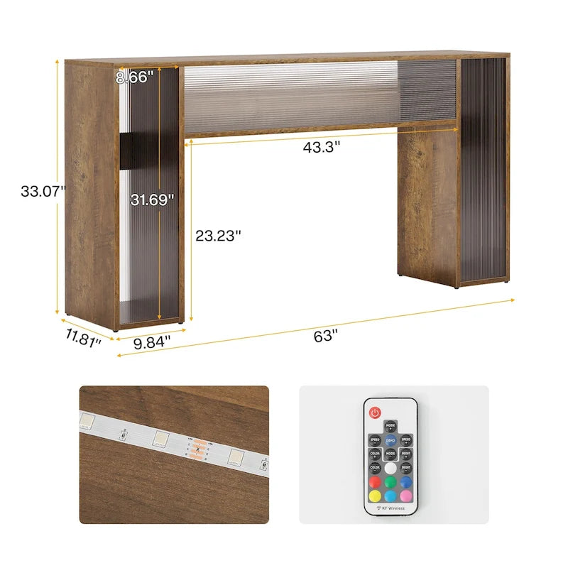 Tavolo consolle da divano da 160 cm in stile rustico con luci a LED per l'ingresso - 160 L x 30 P x 84 A cm