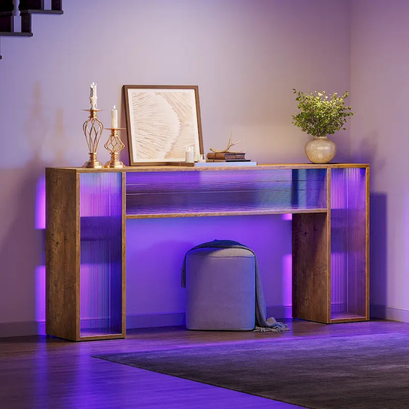 Tavolo consolle da divano da 160 cm in stile rustico con luci a LED per l'ingresso - 160 L x 30 P x 84 A cm
