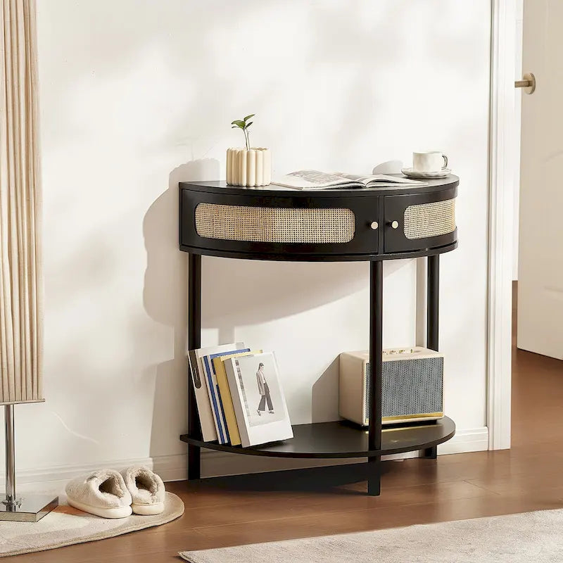 Console en rotin demi-lune avec tiroirs et porte coulissante - 31.88 x 15.74 x 32.28 pouces
