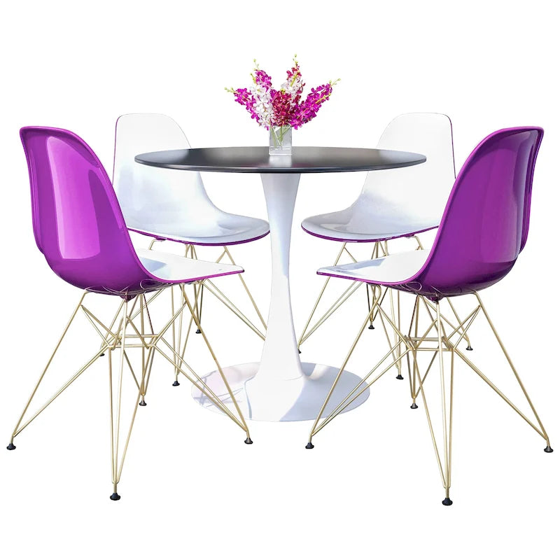 Set da pranzo Bristol 5 pezzi Tavolo rotondo da 35 pollici e 4 sedie in plastica con base dorata