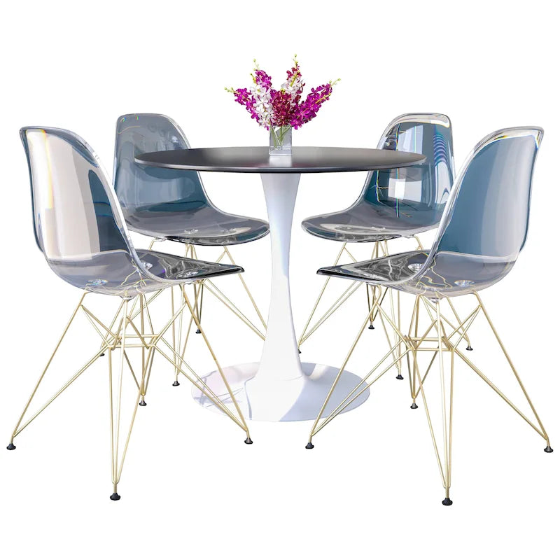 Bristol 5-Piece Dining Set 35 Round Table and 4 Plastic Chairs with Gold Base