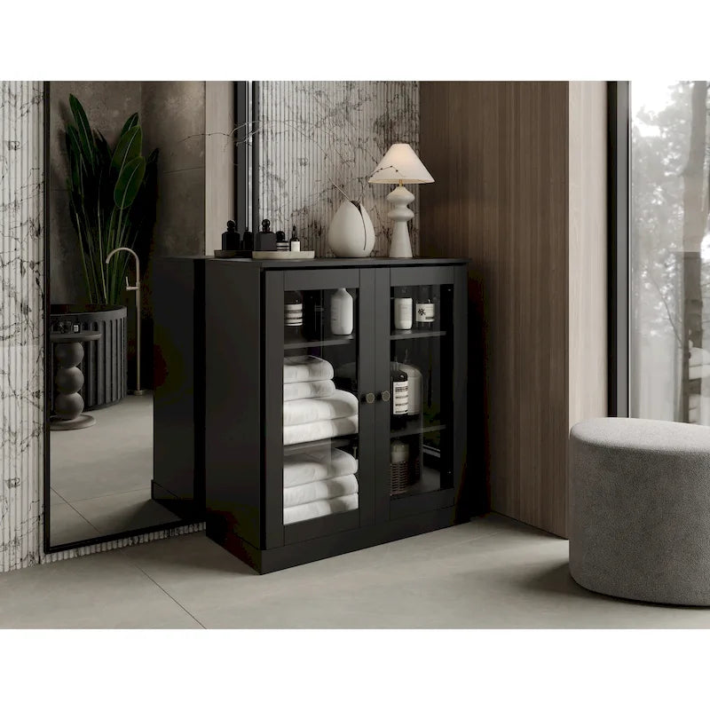 Meuble de salle de bain Palace Imports 100 % en bois massif de 32 po avec portes en verre transparent et étagères réglables