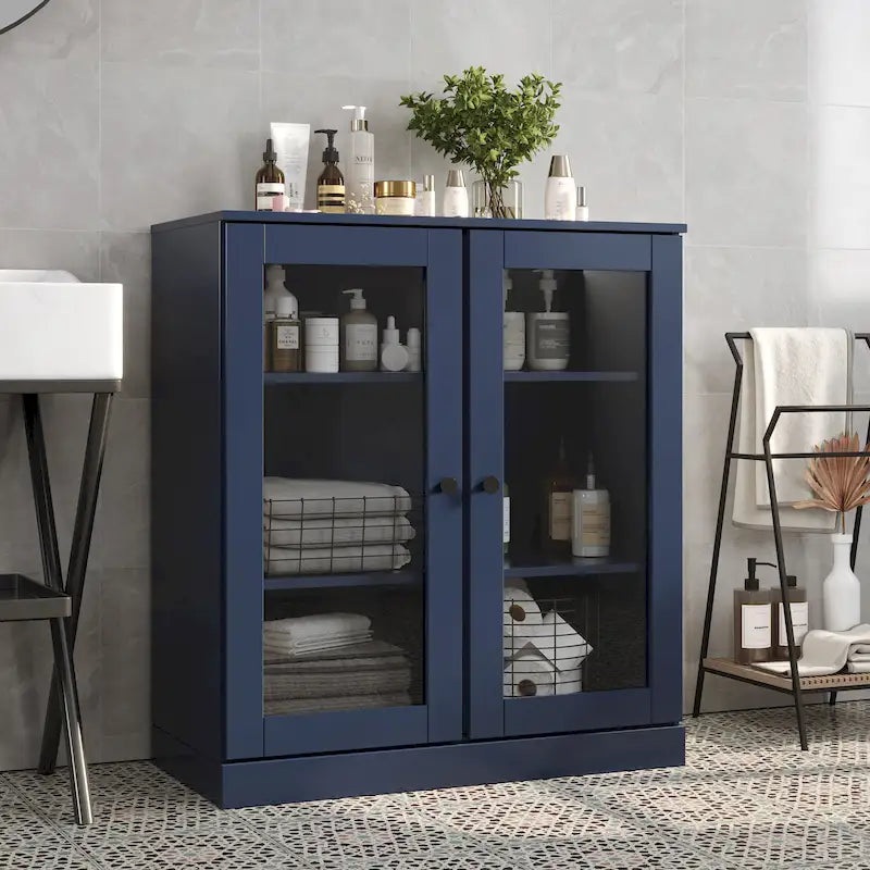 Meuble de salle de bain Palace Imports 100 % en bois massif de 32 po avec portes en verre transparent et étagères réglables