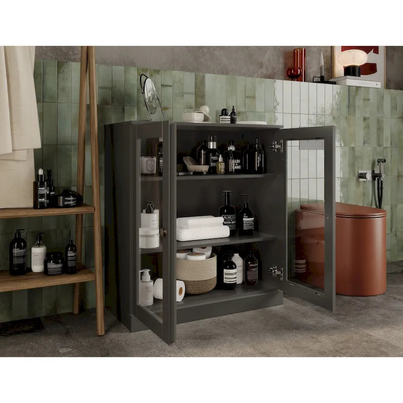 Meuble de salle de bain Palace Imports 100 % en bois massif de 32 po avec portes en verre transparent et étagères réglables