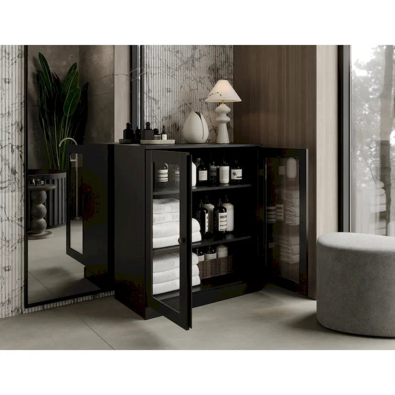 Meuble de salle de bain Palace Imports 100 % en bois massif de 32 po avec portes en verre transparent et étagères réglables