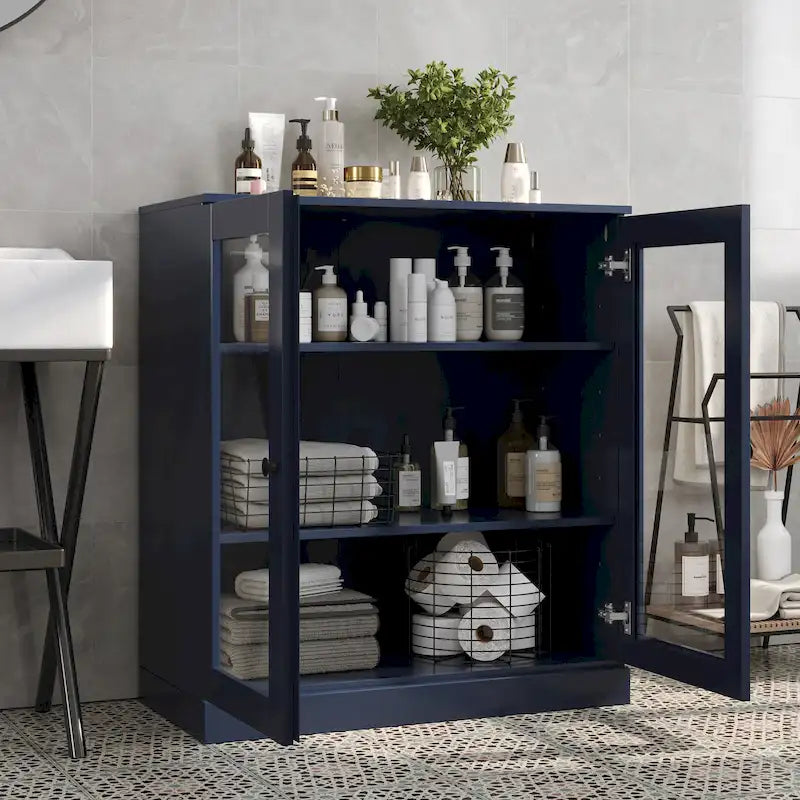 Meuble de salle de bain Palace Imports 100 % en bois massif de 32 po avec portes en verre transparent et étagères réglables