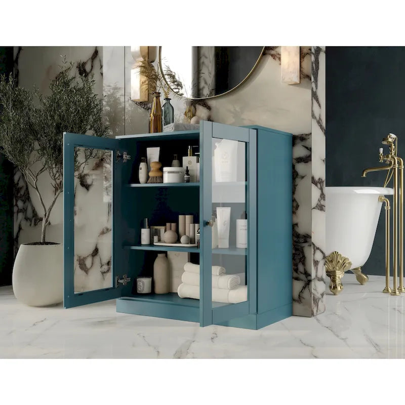 Meuble de salle de bain Palace Imports 100 % en bois massif de 32 po avec portes en verre transparent et étagères réglables
