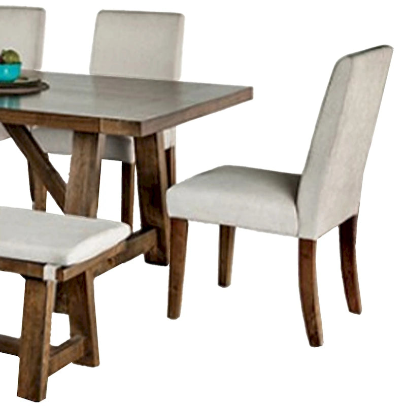 Set da pranzo Jule 7 pz, tavolo rettangolare marrone, sedie, panca con seduta bianca
