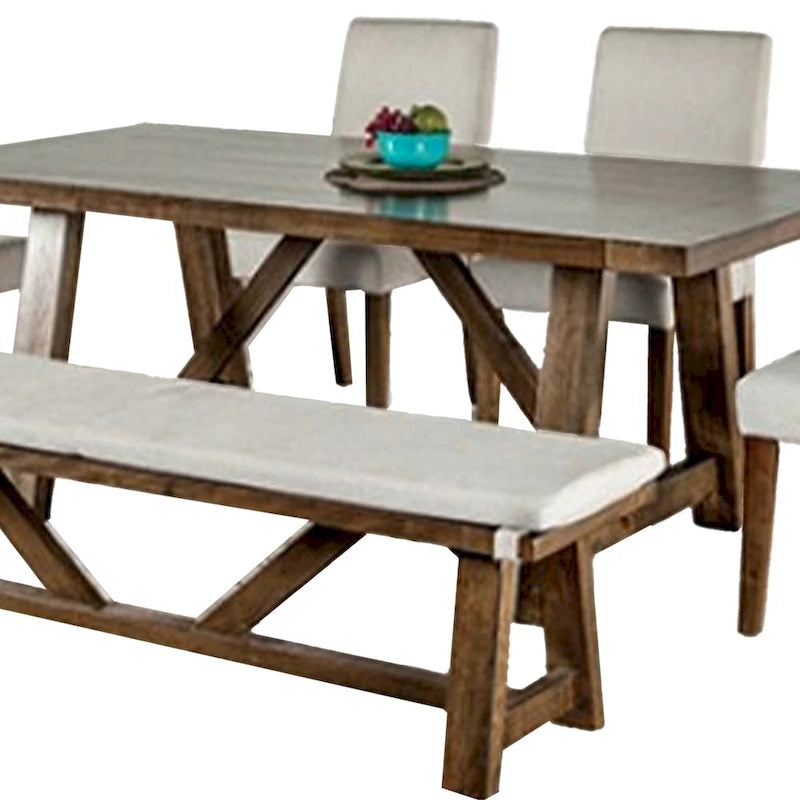 Set da pranzo Jule 7 pz, tavolo rettangolare marrone, sedie, panca con seduta bianca