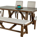 Set da pranzo Jule 7 pz, tavolo rettangolare marrone, sedie, panca con seduta bianca