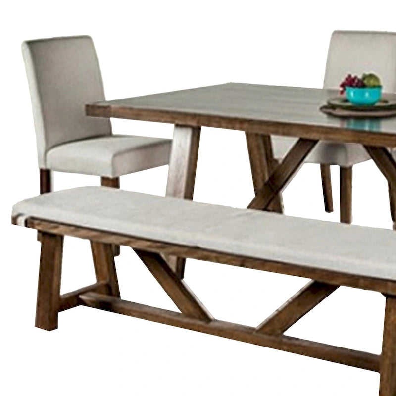 Set da pranzo Jule 7 pz, tavolo rettangolare marrone, sedie, panca con seduta bianca
