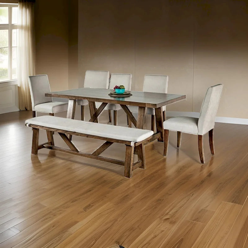 Set da pranzo Jule 7 pz, tavolo rettangolare marrone, sedie, panca con seduta bianca