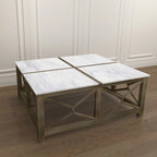 Table basse Agas, plateau carré 102 cm en véritable marbre blanc, structure géométrique en bois de manguier gris cendré sablé et délavé