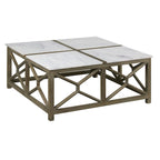 Table basse Agas, plateau carré 102 cm en véritable marbre blanc, structure géométrique en bois de manguier gris cendré sablé et délavé