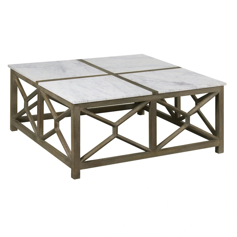 Table basse Agas, plateau carré 102 cm en véritable marbre blanc, structure géométrique en bois de manguier gris cendré sablé et délavé