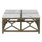 Table basse Agas, plateau carré 102 cm en véritable marbre blanc, structure géométrique en bois de manguier gris cendré sablé et délavé