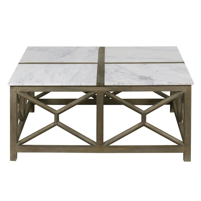 Table basse Agas, plateau carré 102 cm en véritable marbre blanc, structure géométrique en bois de manguier gris cendré sablé et délavé