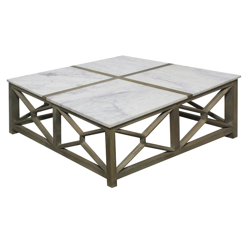 Table basse Agas, plateau carré 102 cm en véritable marbre blanc, structure géométrique en bois de manguier gris cendré sablé et délavé
