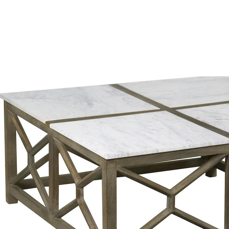 Table basse Agas, plateau carré 102 cm en véritable marbre blanc, structure géométrique en bois de manguier gris cendré sablé et délavé