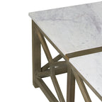 Table basse Agas, plateau carré 102 cm en véritable marbre blanc, structure géométrique en bois de manguier gris cendré sablé et délavé