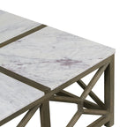 Table basse Agas, plateau carré 102 cm en véritable marbre blanc, structure géométrique en bois de manguier gris cendré sablé et délavé