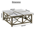 Table basse Agas, plateau carré 102 cm en véritable marbre blanc, structure géométrique en bois de manguier gris cendré sablé et délavé