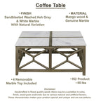 Table basse Agas, plateau carré 102 cm en véritable marbre blanc, structure géométrique en bois de manguier gris cendré sablé et délavé