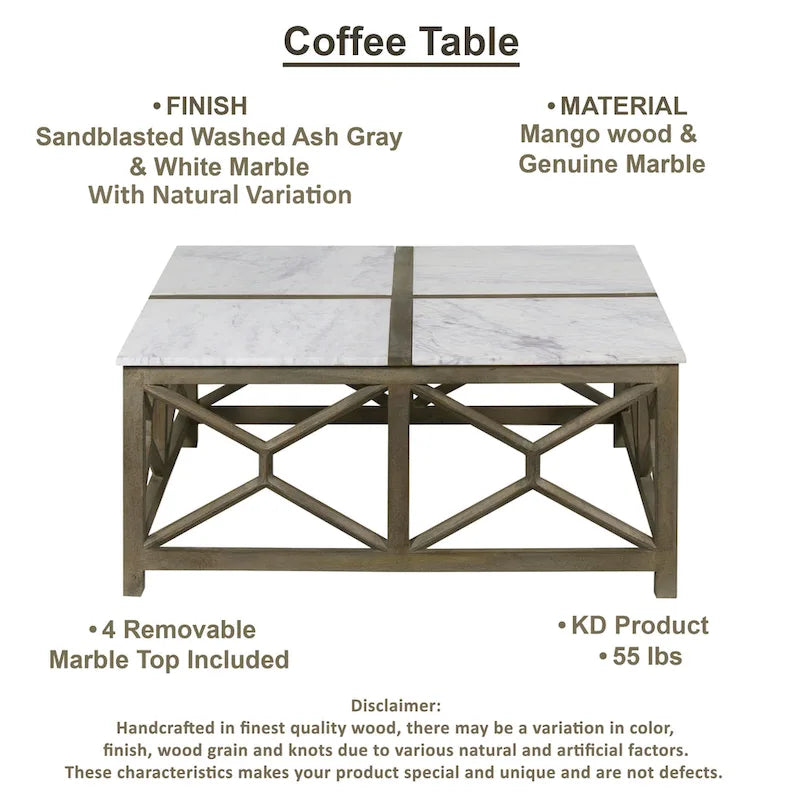 Table basse Agas, plateau carré 102 cm en véritable marbre blanc, structure géométrique en bois de manguier gris cendré sablé et délavé