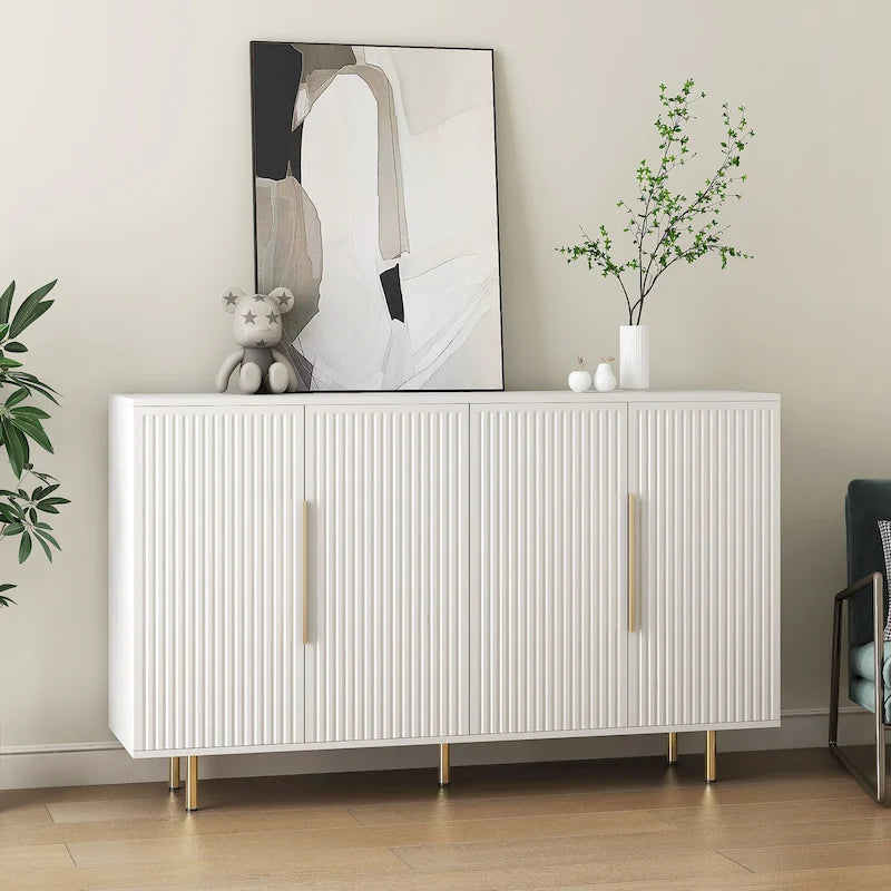 Credenza a buffet con ante decorative scanalate, Credenza in legno con maniglie in metallo, Mobile contenitore con ripiani regolabili