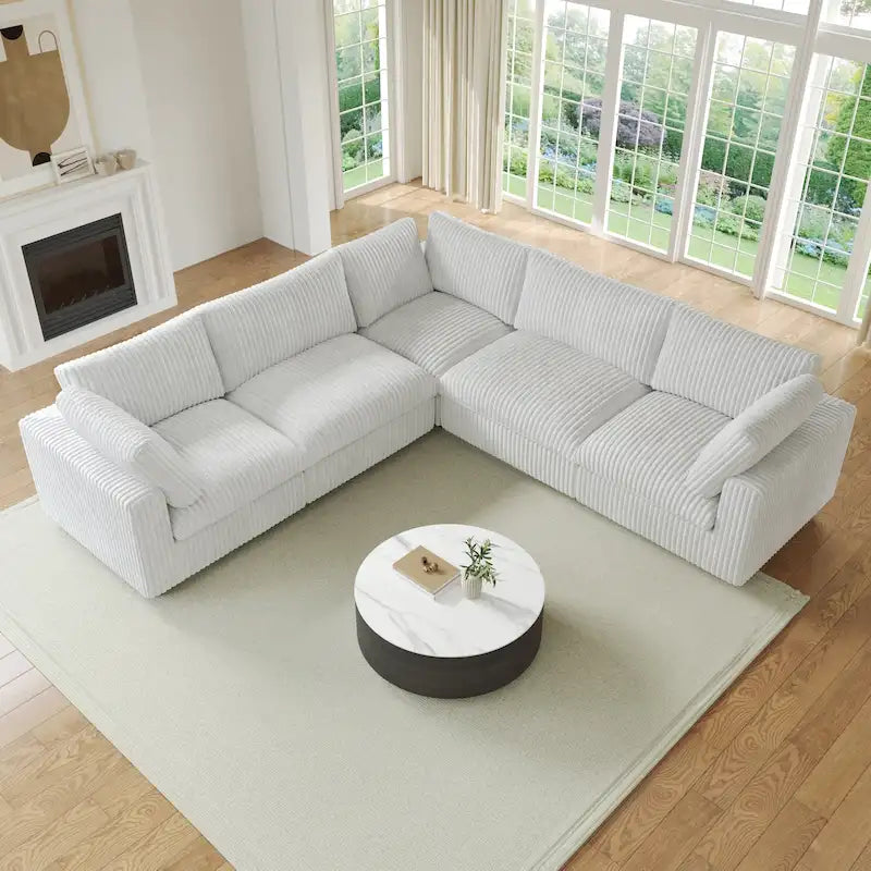 Canapé d'angle modulable en tissu peluche rembourré, garni de duvet pour salon