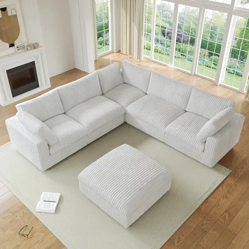 Canapé d'angle modulable en tissu peluche rembourré, garni de duvet pour salon