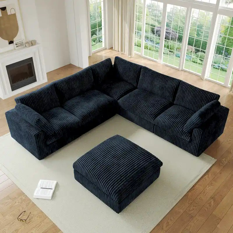 Canapé d'angle modulable en tissu peluche rembourré, garni de duvet pour salon