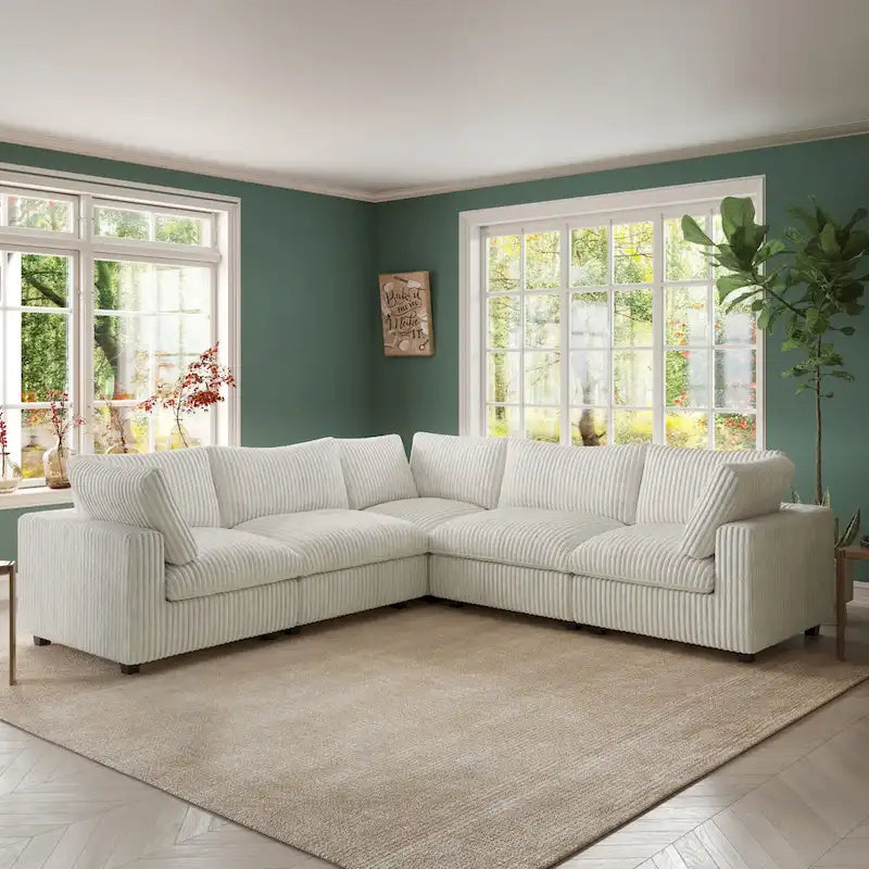 Canapé d'angle modulable en tissu peluche rembourré, garni de duvet pour salon