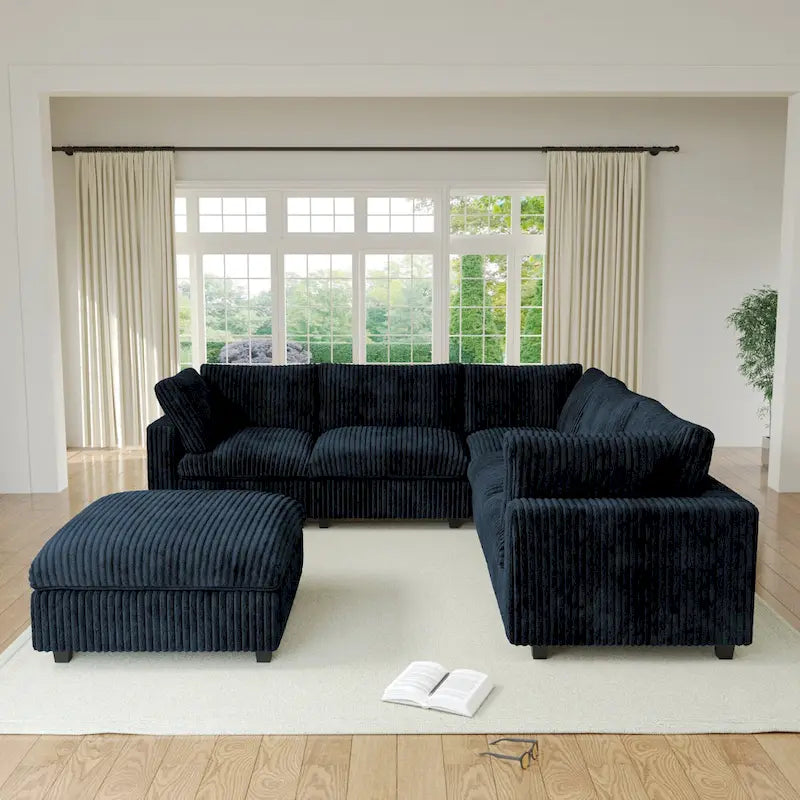 Canapé d'angle modulable en tissu peluche rembourré, garni de duvet pour salon