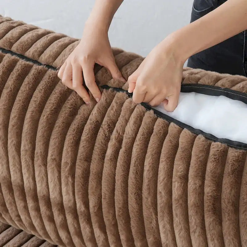 Canapé d'angle modulable en tissu peluche rembourré, garni de duvet pour salon