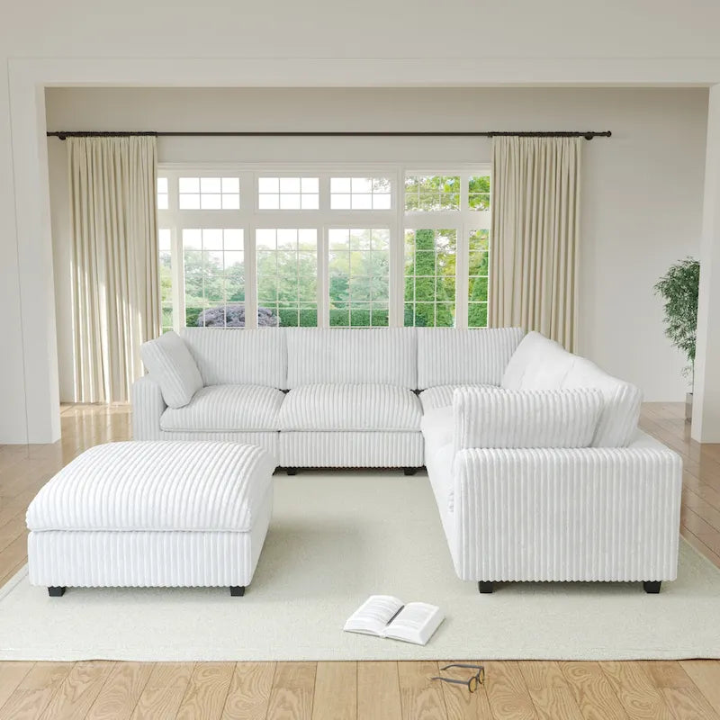 Canapé d'angle modulable en tissu peluche rembourré, garni de duvet pour salon