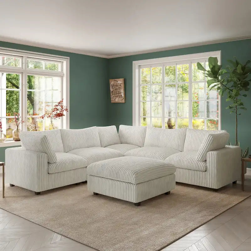 Canapé d'angle modulable en tissu peluche rembourré, garni de duvet pour salon