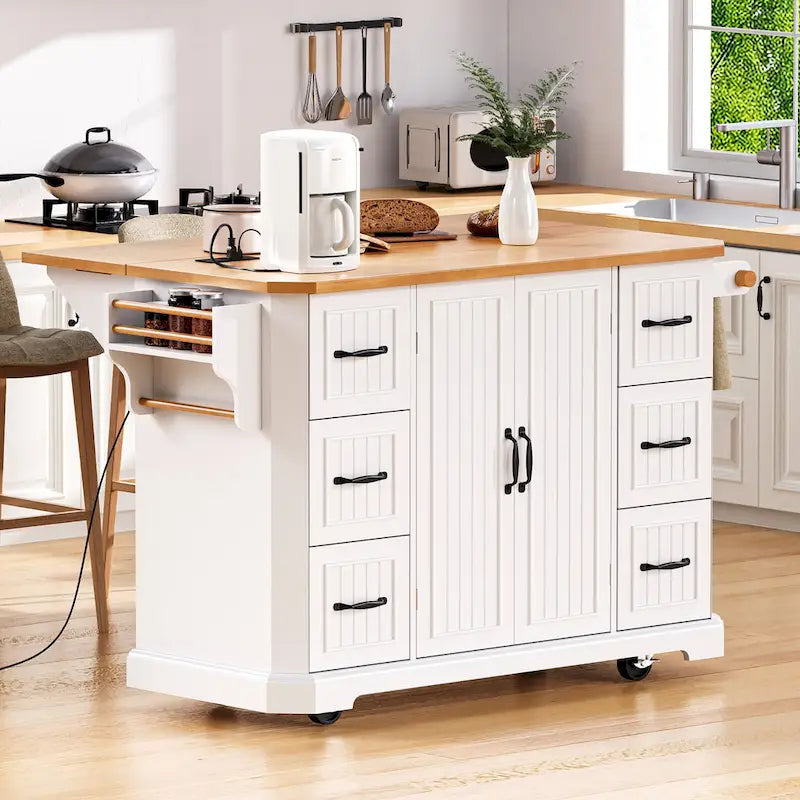 Isola da cucina da 56 pollici con piano a ribalta in impiallacciatura di legno di caucciù (sgabelli esclusi)
