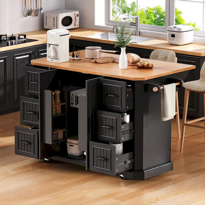 Isola da cucina da 56 pollici con piano a ribalta in impiallacciatura di legno di caucciù (sgabelli esclusi)